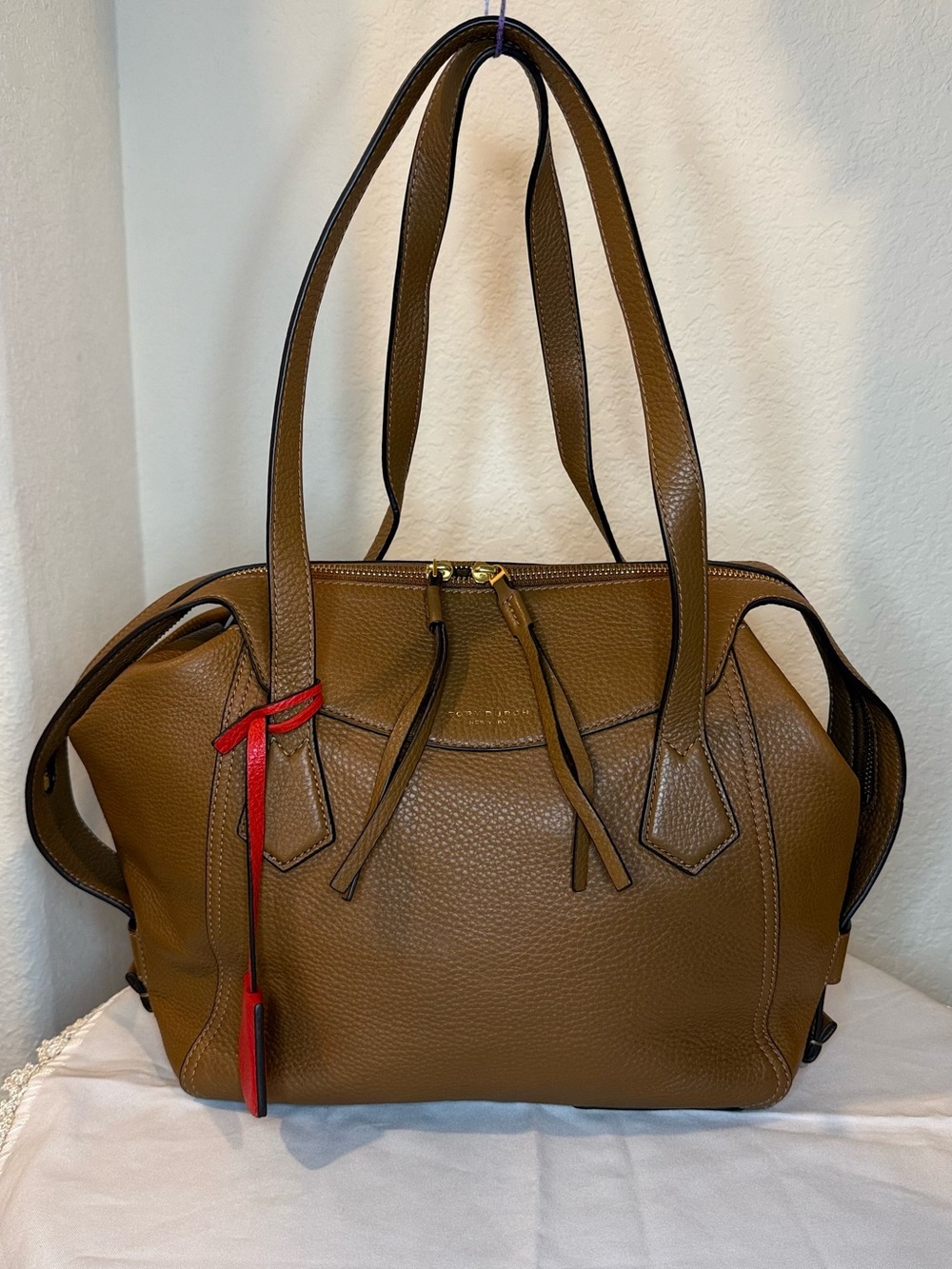 Tory Burch Pebbled Leather Tote Bag Taupe Beige Double Handle Shoulder Bag